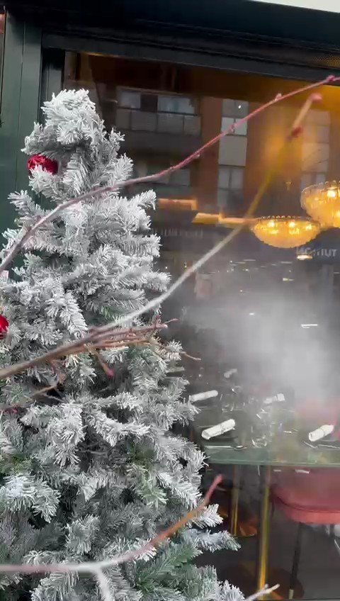 A tall flocked white Christmas tree in a restaurant window, lit from within and
                    hung with silver and pearl baubles.