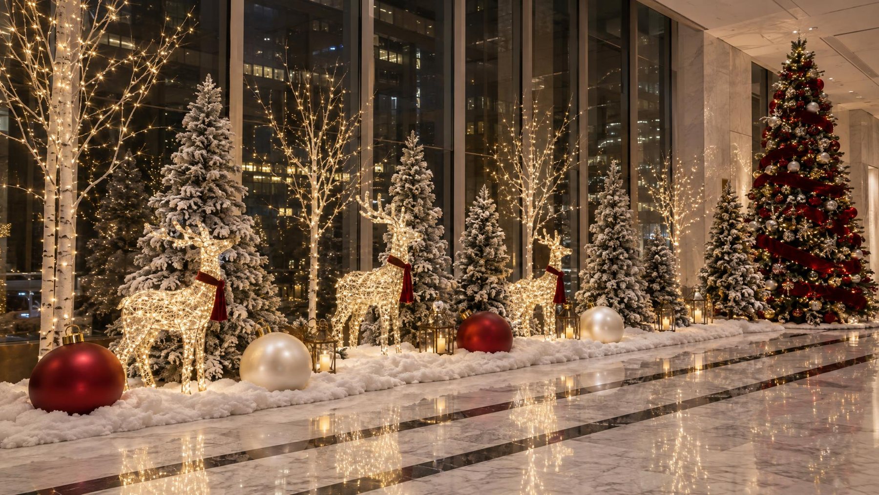 Design concept for a reception lobby at Christmas: snow-flocked fir trees and lit
              white birches along a glass wall, three illuminated wire reindeer in red scarves,
              oversized red and pearl baubles in a drift of white snow, lanterns, and a red and
              gold tree at the end, all reflected in a polished marble floor.