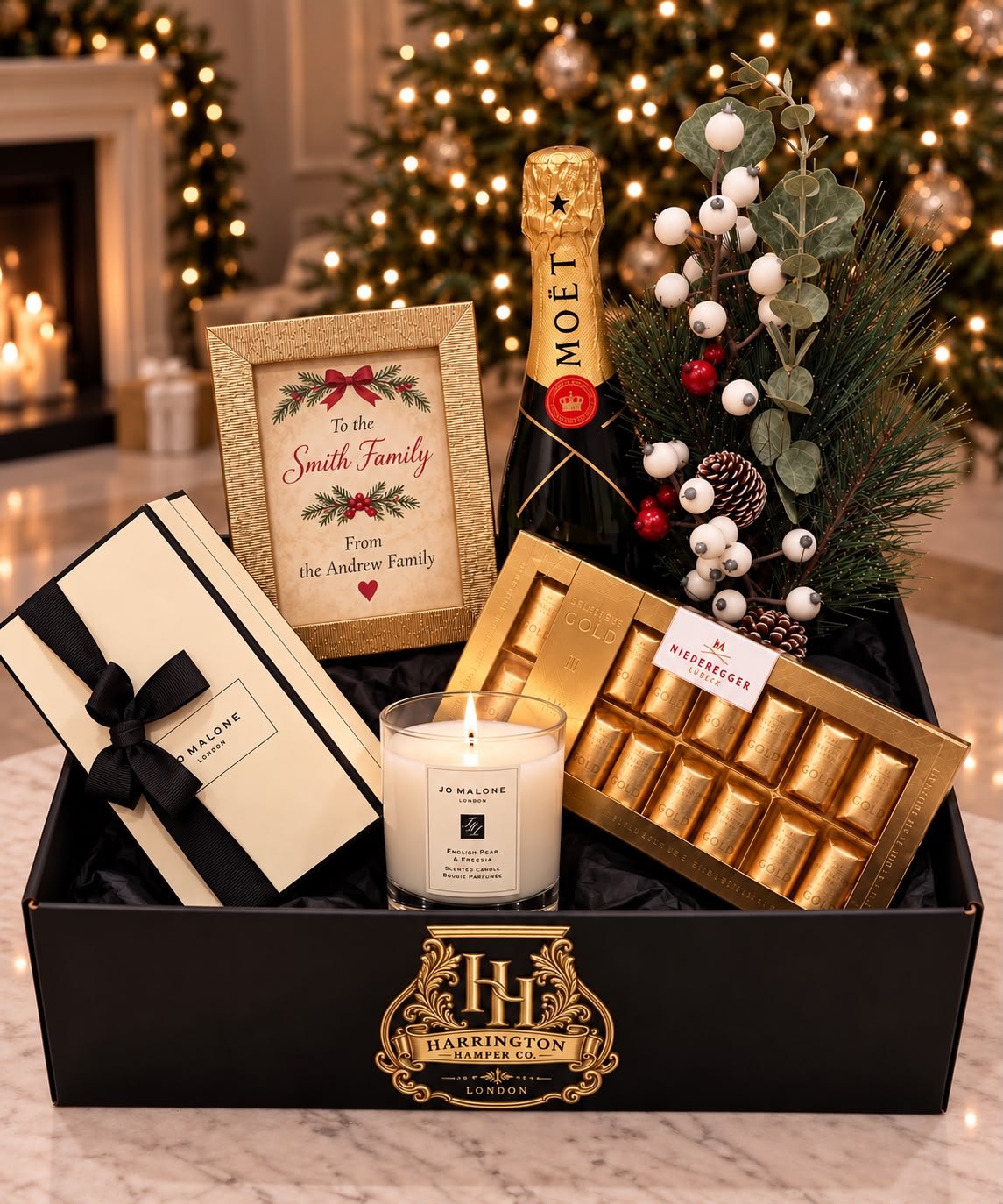 A black Harrington Hamper Co. box with a gold crest, holding a bottle of
                    Mo&euml;t, a lit Jo Malone candle, Niederegger gold chocolates, winter foliage
                    and a gold-framed card reading To the Smith Family from the Andrew Family.