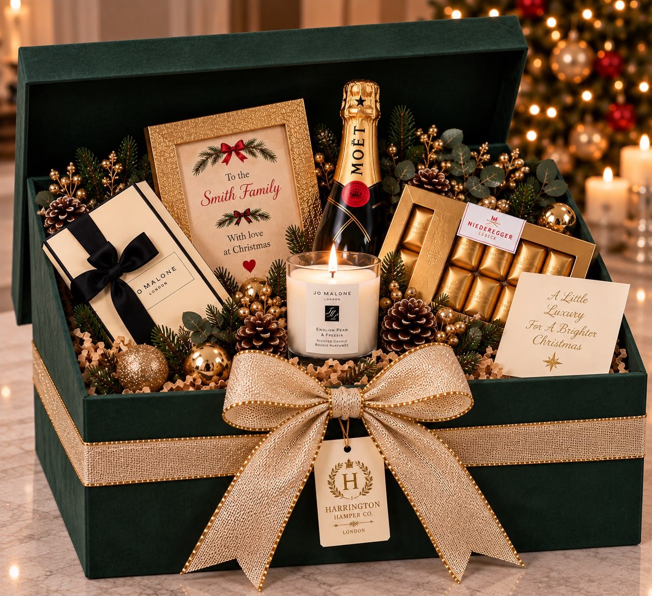 An open dark green velvet hamper box tied with a wide gold ribbon and a
                    Harrington Hamper Co. tag, holding a bottle of Mo&euml;t, a Jo Malone candle
                    and gift box, a gold box of Niederegger chocolates, and a framed message
                    reading To the Smith Family, with love at Christmas.